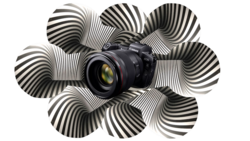 Canon DSLR camera surrounded by black and white striped spherical shapes against a white background.