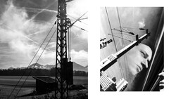 Black and white diptych featuring an electrical transmission tower and a close-up portrait of a person's face in profile.