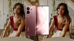 Vivo smartphone in burgundy with triple rear cameras displayed next to portrait photos of a woman in a home interior setting.