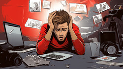 Illustration of a stressed creative professional in red hoodie at desk surrounded by cameras and photographs.