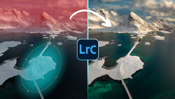Screenshot showing before and after Lightroom Classic color grading of a snow-covered mountain landscape with turquoise water.