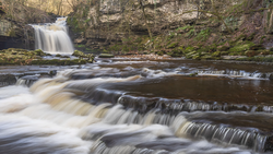 Cascading waterfall and stream with silky water flow over rocky steps surrounded by moss-covered cliffs and bare trees.