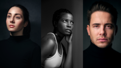 Three studio portrait headshots demonstrating professional lighting and composition techniques.