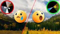Alpine valley landscape with two emoji faces and color wheel graphics overlaid.
