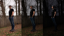 Man in black shirt and jeans standing in wooded area with wooden fence, shown in three progressive lighting conditions from natural to dark.