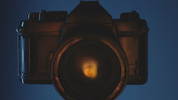 Illustration of a vintage film camera with glowing lens against a blue background.