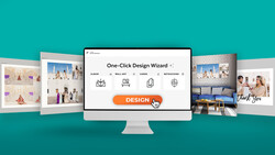 Screenshot of a one-click design wizard interface with category icons and a prominent orange design button.