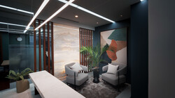 Modern interior design rendering of a lounge area with contemporary furniture and geometric wall art.