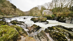 Moss-covered rocks frame a fast-flowing river with a stone cottage nestled among bare trees on the hillside.