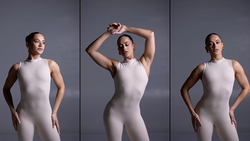 Three poses of a person in a fitted white sleeveless bodysuit against a neutral gray backdrop.