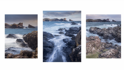 Triptych of rocky coastlines with crashing waves and long exposure water effects.