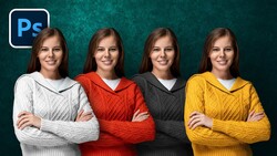 Four identical portraits of a woman in different colored cable-knit sweaters against a teal textured backdrop.