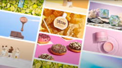 Collage of vibrant product photography featuring styled flat lays with colorful backgrounds and food items.