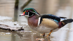 Wood duck standing in shallow water with distinctive iridescent plumage and red eye markings.