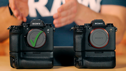 Two Sony Alpha mirrorless cameras side-by-side, one with a green checkmark and one with a red X on the lens barrel.