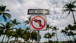 One-way street sign with left turn prohibition symbol, palm trees and cloudy sky in background.