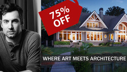 Promotional graphic combining a portrait of a man on the left with a modern house exterior on the right, overlaid with a red banner stating "75% OFF" and text reading "WHERE ART MEETS ARCHITECTURE."