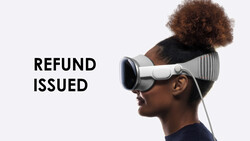 Person wearing a VR headset in profile against a light background with "REFUND ISSUED" text.