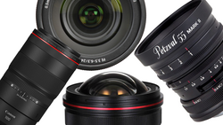 Four camera lenses arranged on a white background, displaying various focal lengths and designs.