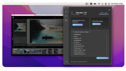 Screenshot of photo editing software showing a landscape image of a boat on a lake alongside a catalog browsing interface.