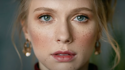 Portrait of a woman with freckles and blue-green eyes looking directly at camera.