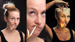 Three portrait photographs showing people with illuminated cigarettes creating light painting effects against dark backgrounds.