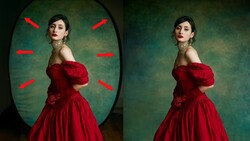 Woman in red off-shoulder gown against green backdrop, shown before and after editing with directional arrows indicating vignetting adjustments.