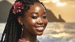 Young woman with braided hair and pink flower accessory smiling at camera against ocean backdrop.