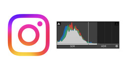 Screenshot showing Instagram logo alongside a histogram displaying SDR and HDR color distribution curves.