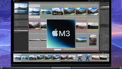 Screenshot of photo editing software displaying landscape photographs in a grid layout with an M3 chip logo overlay.