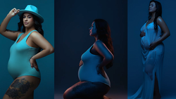 Pregnant woman in maternity portrait series wearing blue clothing against blue backgrounds.