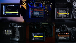 Screenshot showing multiple camera menu displays with histogram data, exposure settings, and color information overlaid on photography equipment.