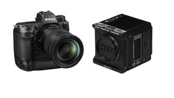 Nikon Z9 mirrorless camera with zoom lens next to RED digital cinema camera body.