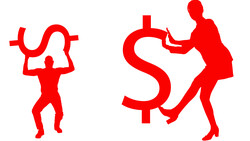Illustration of two red silhouettes: one figure lifting a currency symbol and another carrying a dollar sign.