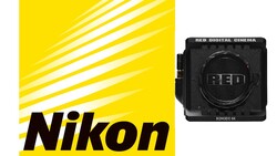 Nikon logo with yellow and white diagonal stripes next to a RED Digital Cinema camera body.