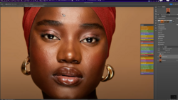 Portrait of a woman with warm brown skin tone, gold hoop earrings, and red head wrap against a neutral tan background.