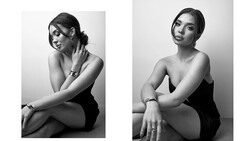 Two black and white portrait photographs showing seated women in contemplative poses with directional lighting.