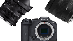 Canon EOS R7 mirrorless camera body with two RF-mount lenses displayed above it.
