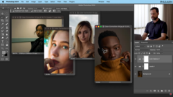 Screenshot of Adobe Photoshop with color correction interface showing four portrait photographs of different people.