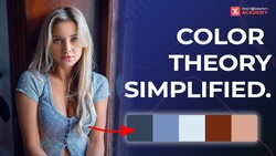Portrait of a woman with long blonde hair wearing a blue shirt, with a color palette strip displayed below showing complementary tones.