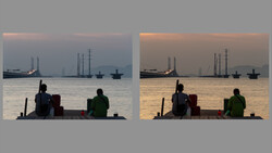 Side-by-side comparison showing the same waterfront scene in cool blue tones versus warm golden tones.