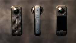 Three compact digital video cameras displayed front and side views against a textured gray background.