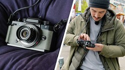 Split-frame comparison of a vintage rangefinder camera and a photographer holding a compact digital camera.