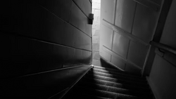 Narrow stairwell with stark contrast between dark and light areas, steps descending toward a bright doorway.