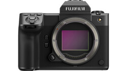Fujifilm GFX mirrorless camera body front view with open sensor bay.