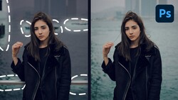 Side-by-side comparison showing portrait editing before and after in Photoshop.