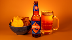 Bottle of IPA beer with glass mug and bowl of potato chips against warm orange background.