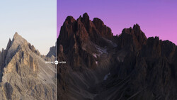 Before and after comparison of mountain peaks with dramatic sky color grading adjustments.