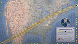Map of the United States with a yellow diagonal band indicating the path of a total solar eclipse across the country.