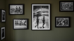 Gallery wall with seven black-framed black and white photographs arranged on olive-green wall.